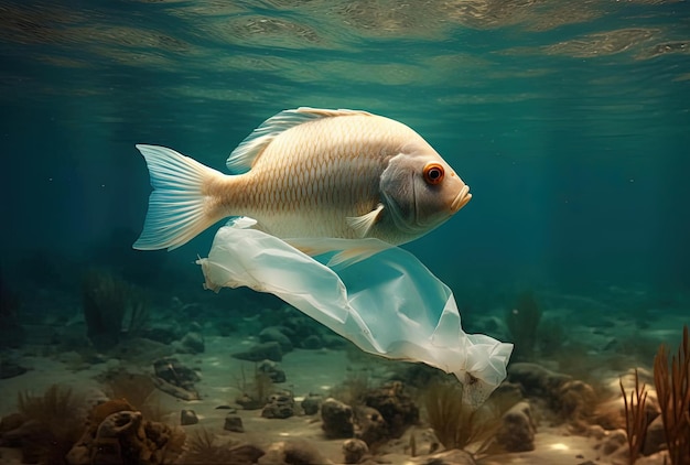 ein Fisch mit Plastikbeutel, der im Stil einer surrealistischen und traumhaften Komposition unter Wasser sinkt