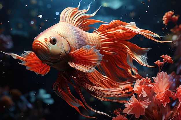 Ein Fisch mit roten und orangefarbenen Flossen schwimmt in einem Aquarium