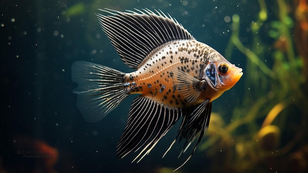 Foto ein fisch mit schwarzen punkten und weißen flecken schwimmt im wasser.