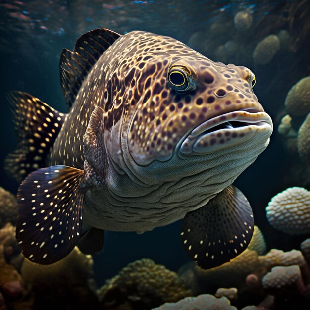 Ein Fisch mit weißen Punkten und blauen Flecken schwimmt in einem Aquarium.