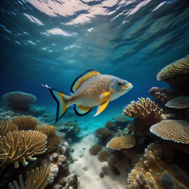 Ein Fisch schwimmt unter einer Koralle, im Hintergrund das Meer