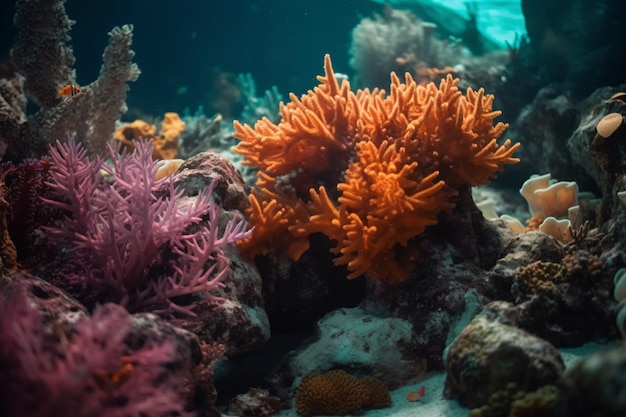 Ein Fisch schwimmt zwischen Korallen im Ozean