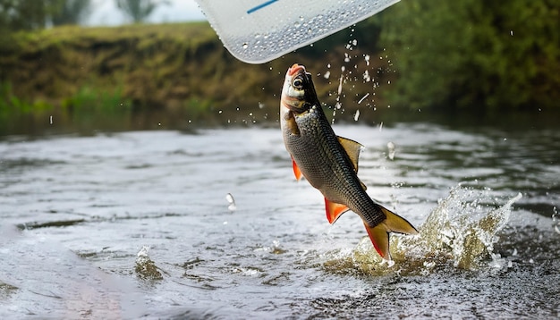Ein Fisch springt an einem regnerischen Tag in den Fluss