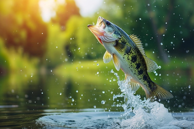 Ein Fisch springt mit offenem Maul aus dem Wasser