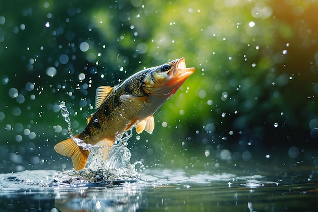 Ein Fisch springt mit offenem Maul aus dem Wasser