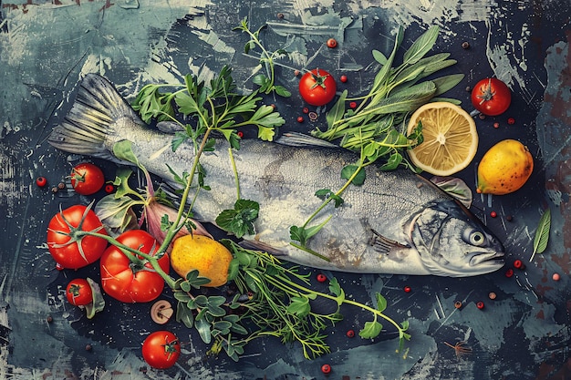 ein Fisch und Gemüse auf einem Tisch