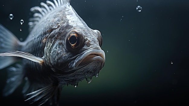 Ein Fisch wird im Dunkeln mit Wassertropfen gezeigt