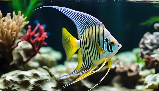 ein Fischbecken mit einem gelben und weißen gestreiften Fisch darin