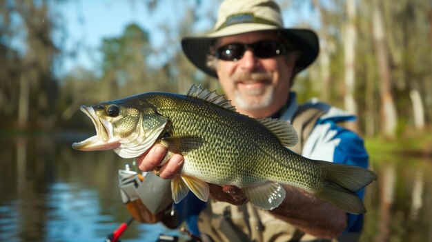 Foto ein fischer, der einen frisch gefangenen bass hochhält, mit einem stolzen gesichtsausdruck, während er mit seinem