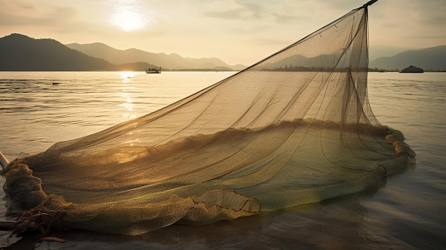 Ein Fischer fischt in einem Boot mit einem Sonnenuntergang im Hintergrund.