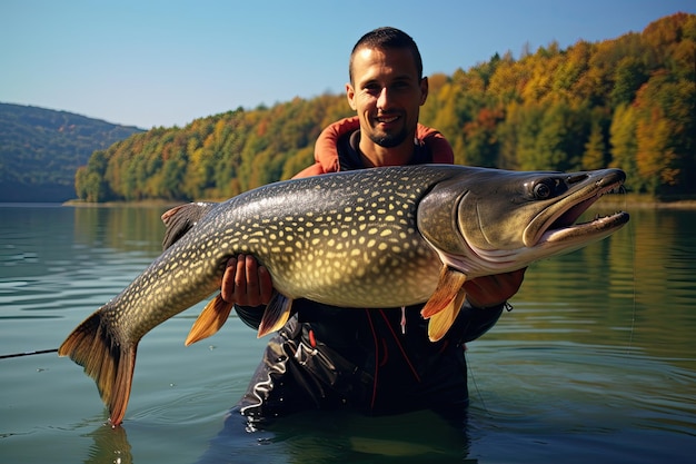 Foto ein fischer hält eine trophäe und pike steht im wasser