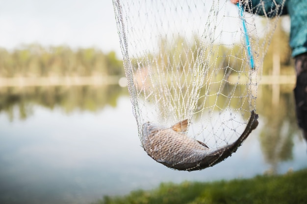 ein Fischer hält einen Fisch in einem Netz mit einem Netz in der Nähe des Sees