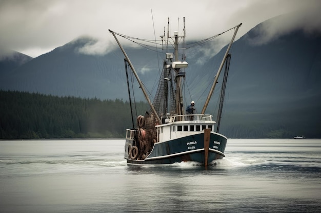 Ein Fischerboot aus Alaska kehrt mit frischem Fang, der mit generativer KI erstellt wurde, in den Hafen zurück