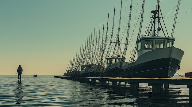 Ein Fischerboot mit sorgfältig an der Reling aufgereihten Angelruten zeichnet eine erwartungsvolle Szene, in der jede Angelrute ein Abenteuer verspricht. Generiert von KI