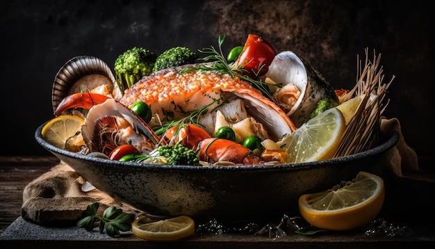 Ein Fischgericht mit Gemüse und Zitronen auf dunklem Hintergrund