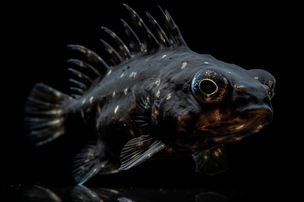 Ein Fischkopf mit einem großen Auge und einem kleinen Auge auf der Unterseite.