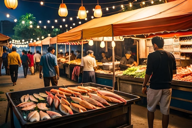 Ein Fischmarkt mit einem Mann, der nachts Fisch verkauft.