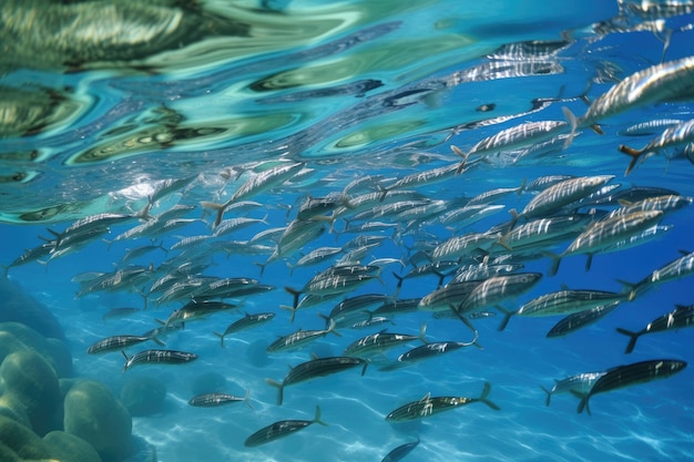 Foto ein fischschwarm, der in kristallklarem wasser schwimmt, erstellt mit generativer ki