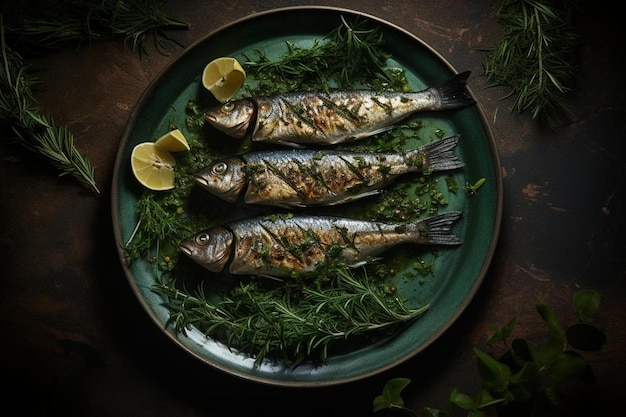 Ein Fischteller mit Zitronenscheiben darauf