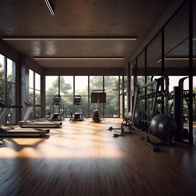 ein Fitnessstudio mit einem großen Fenster, auf dem steht Gymnasium