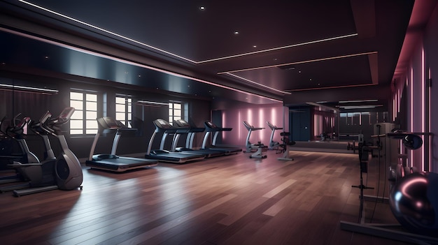 Ein Fitnessstudio mit einem Holzboden und einem Holzboden mit Licht darauf.