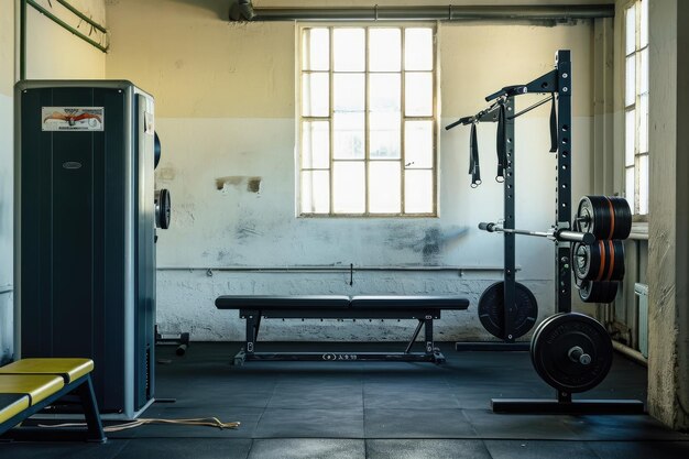 Ein Fitnessstudio mit einer Bank und einer Gewichtmaschine für Krafttraining Benchpress-Station in einem Fitnessstudio KI generiert