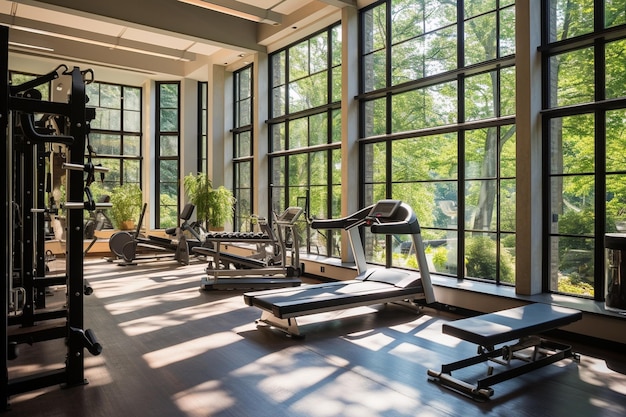 Ein Fitnessstudio mit großem Fenster und einem großen Fenster