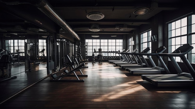 Ein Fitnessstudio mit Holzboden und einem Laufband