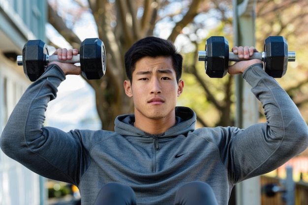 Ein fitter asiatischer Typ in Sweatshirt macht sitzende Hanteln mit einem Arm Tricep-Erweiterungen