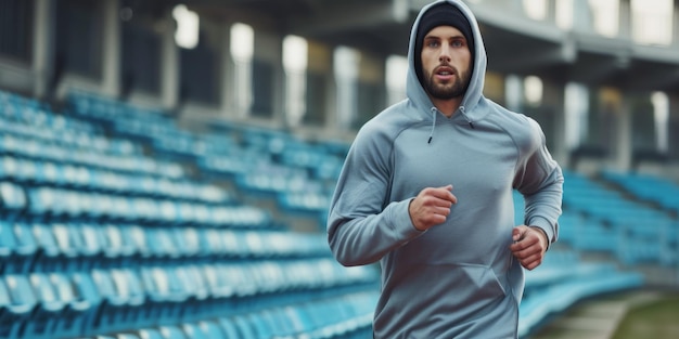 Foto ein fitter mann in grauem hoodie joggt im freien und verbessert sein kardio im sportstadion