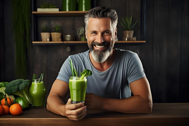 Ein fitter Mann mittleren Alters ergänzt sich mit einem Frühlings-Detox-Smoothie, der gesunde Gewohnheiten umarmt Konzept gesunder Lebensstil Mittleres Alter Fitness Detox-Smoothies Frühling Erfrischung Wellness-Reise