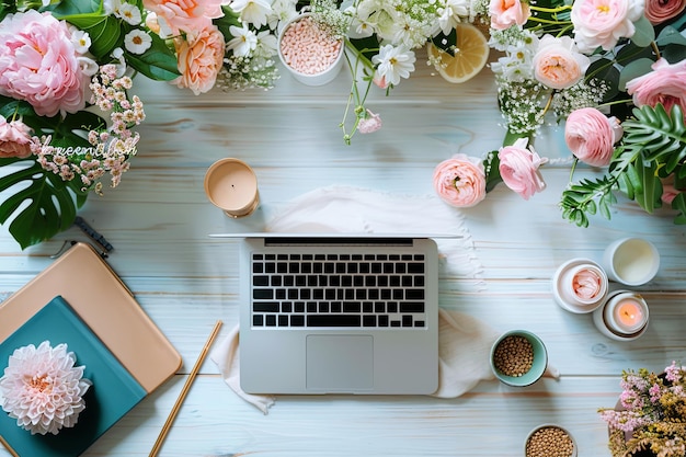 Ein flach gelegener Laptop liegt auf einem Tisch mit Blumen und Kerzen. Die Szene ist ruhig und entspannend.