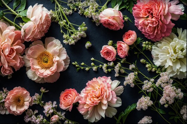 Foto ein flaches foto mit rosa und weißen pfingstern, ranunculus-chrysanthemen