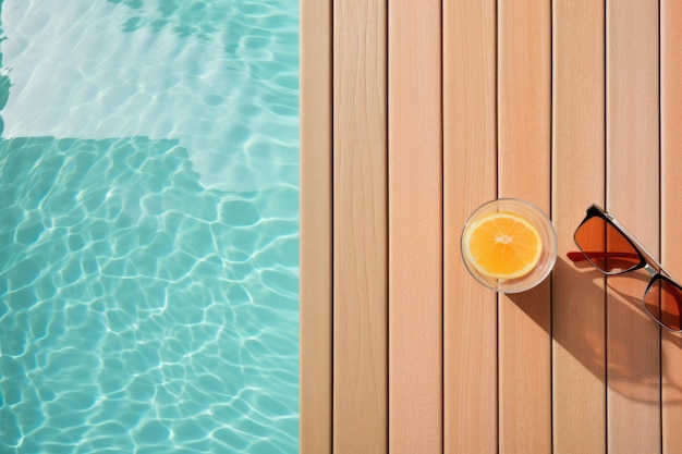 Ein flaches Lay-Bild von Strandaccessoires, das auf einem Holzdeck neben einem Schwimmbad mit einem leeren