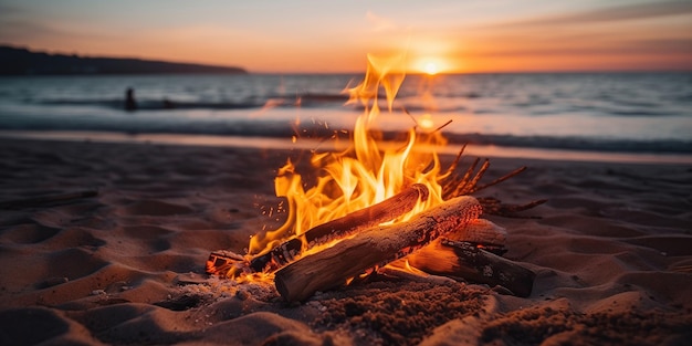 Ein flackerndes Lagerfeuer beleuchtet einen tropischen Strand bei Sonnenuntergang