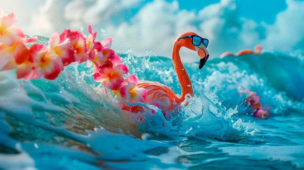 ein Flamingo mit Brille schwebt auf der Brandung selektiv fokussiert