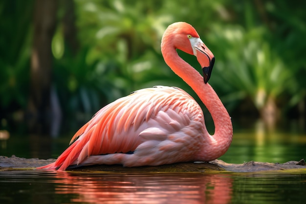 Ein Flamingo sitzt im Wasser