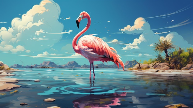 Ein Flamingo steht anmutig auf dem Meer gegen einen sommerblauen Himmel in einem digitalen Kunststil