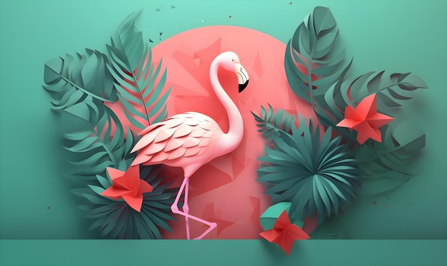 Ein Flamingo steht auf einem rosa Hintergrund mit tropischen Blättern.