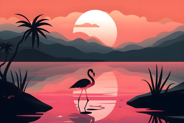Ein Flamingo steht bei Sonnenuntergang im Wasser.