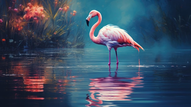 Ein Flamingo steht im Wasser Aquarell detaillierte Pastellfarben AI Generative