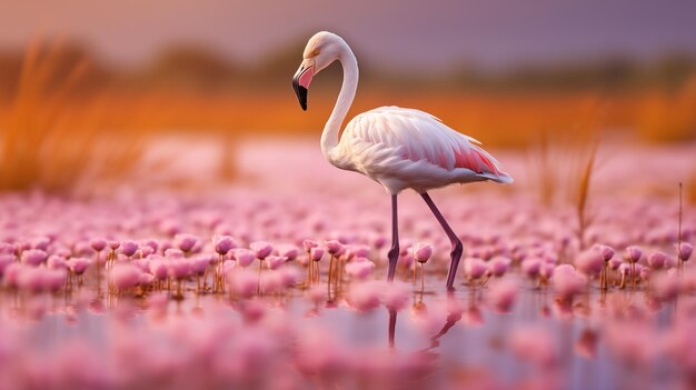 Foto ein flamingo steht in einem feld mit rosa blumen