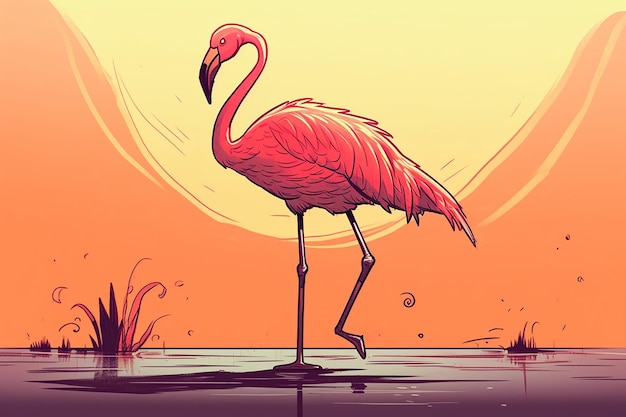 Foto ein flamingo steht in einem teich mit einem sonnenuntergang im hintergrund.