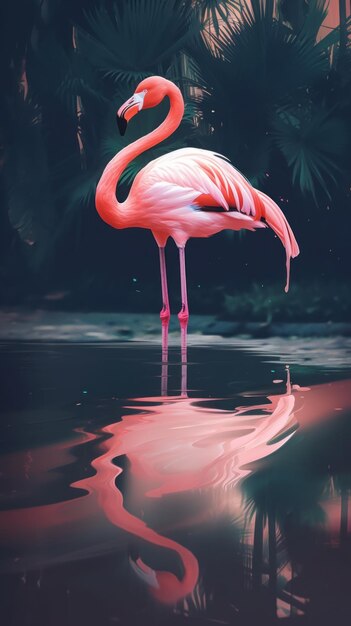Ein Flamingo steht mit gesenktem Kopf im Wasser, generatives KI-Bild