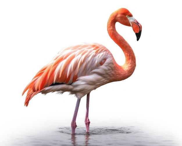 Ein Flamingo steht mit nach links gedrehtem Kopf im Wasser