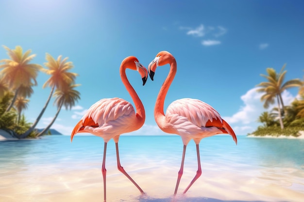 Ein Flamingopaar schaut sich im blauen Meer an