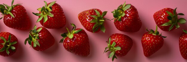 Ein Flatlay-Foto mit einer lebendigen Anordnung von reifen Erdbeeren auf einem leuchtend rosa Hintergrund