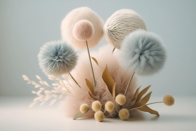 Ein flauschiger Blumenstrauß aus Pflanzen mit Pompons auf weißem Hintergrund Illustration AI Generative