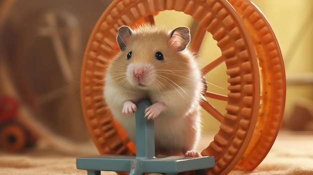 Ein flauschiger Hamster, der auf einem von der KI generierten Rad läuft