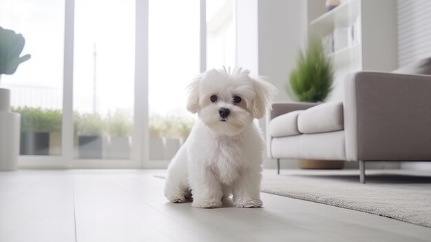 Ein flauschiger maltesischer Welpe im modernen Wohnzimmer